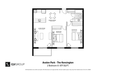 Floor plan for 2 beds, 1 bath, 871 sqft